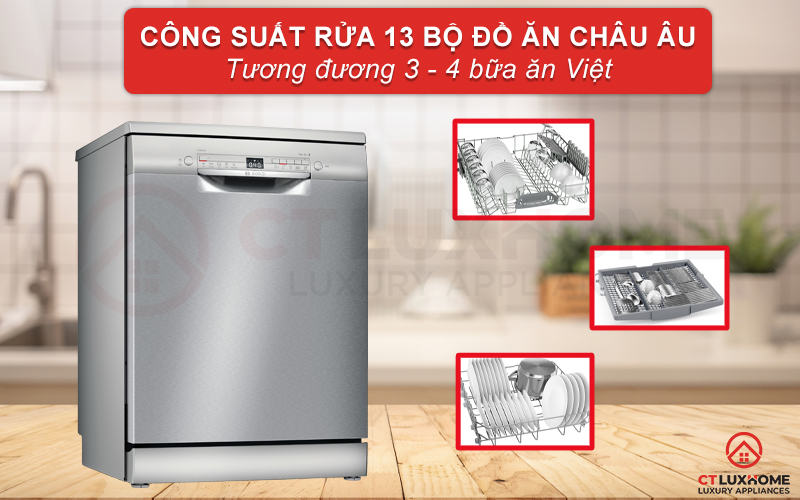 Công suất rửa của máy lên đến 13 bộ bát đĩa