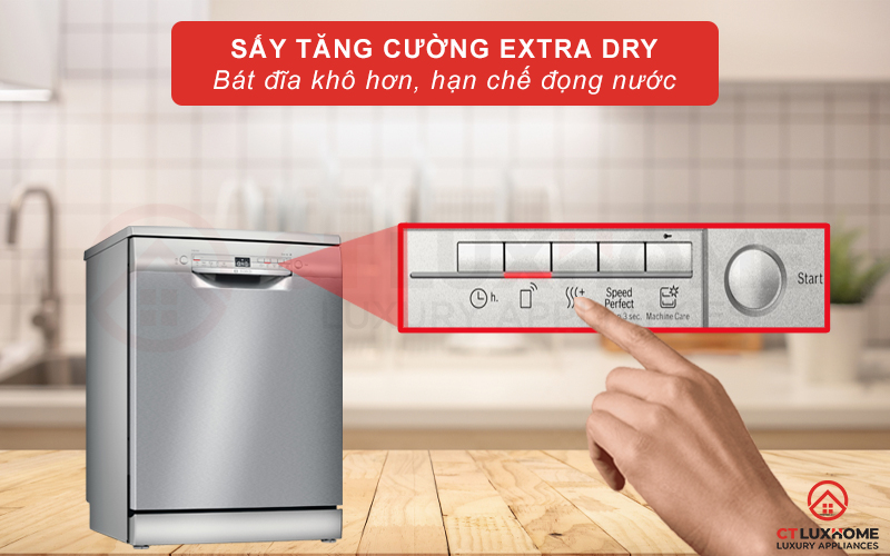 Tính năng sấy tăng cười Extra Dry giúp bát đĩa khô hơn