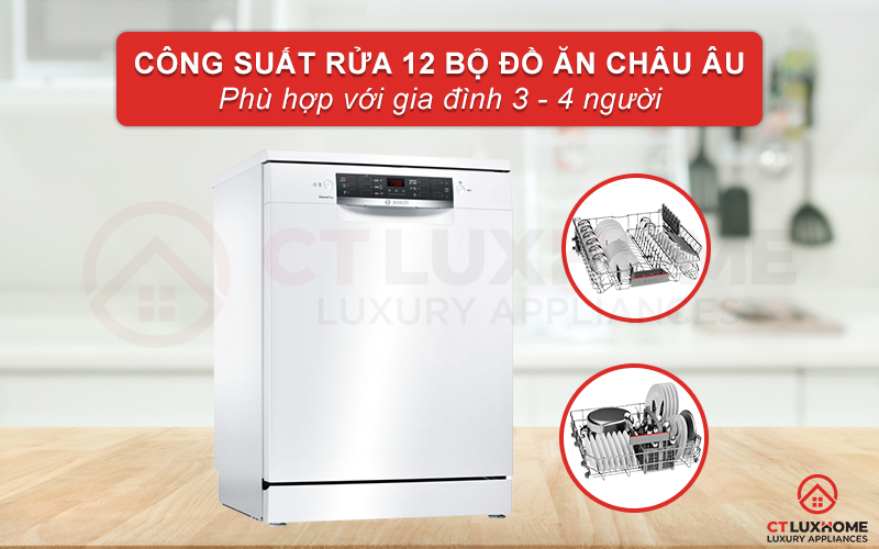 Công suất máy rửa bát Bosch SMS46GW01P Serie 4 tối đa là 12 bộ đồ ăn