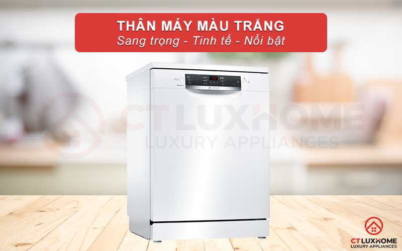 Máy rửa bát Bosch SMS46GW01P được thiết kế với gam màu trắng sang trọng và hiện đại