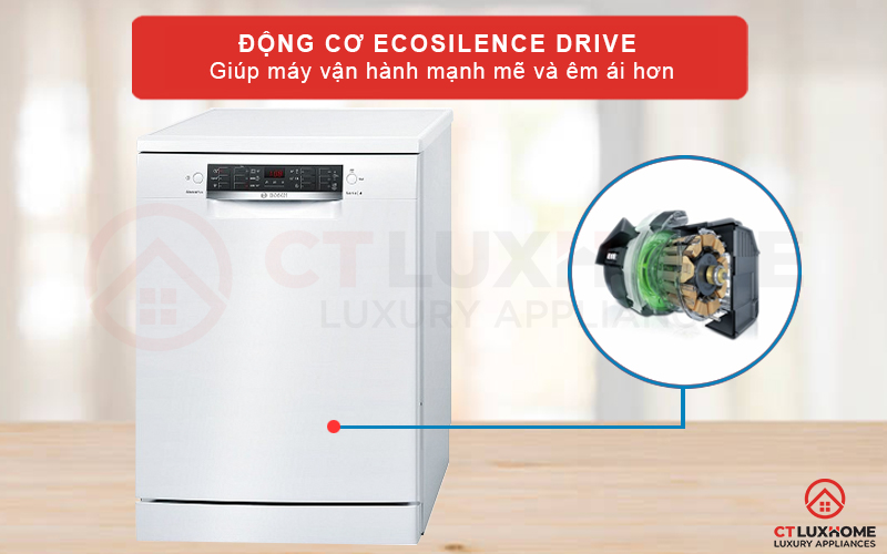 Máy rửa bát Bosch SMS46GW04E vận hành êm ái khi được thiết kế với động cơ EcoSilence Drive