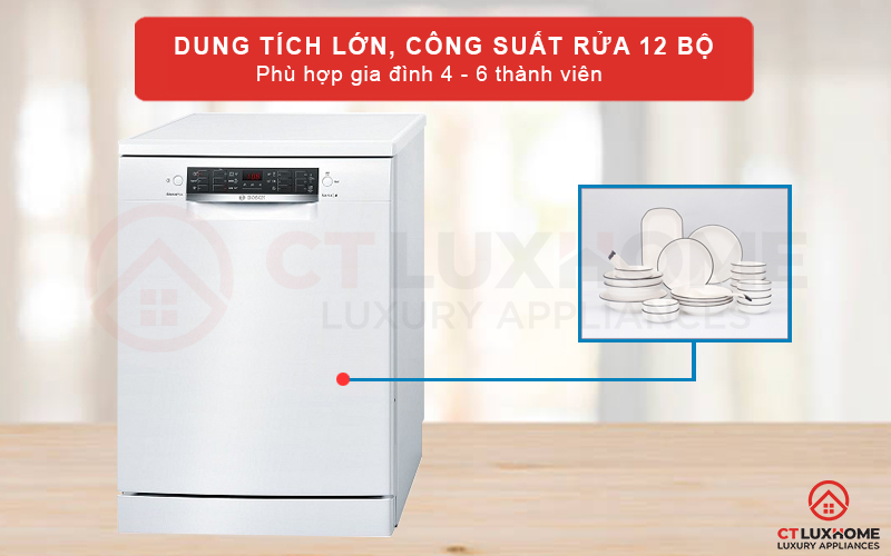 Dung tích lớn với công suất rửa 12 bộ đồ ăn Châu  u phù hợp với gia đình đông thành viên