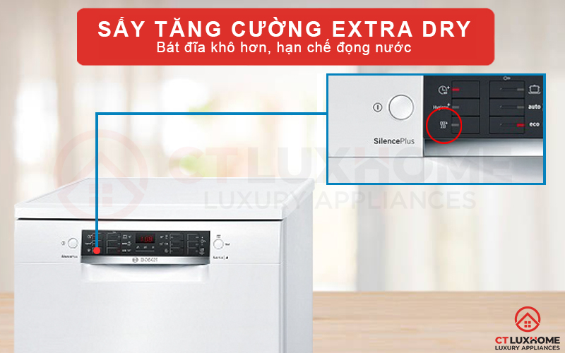 Sấy tăng cường Extra Dry giúp bát đĩa khô ráo hoàn toàn và bóng loáng