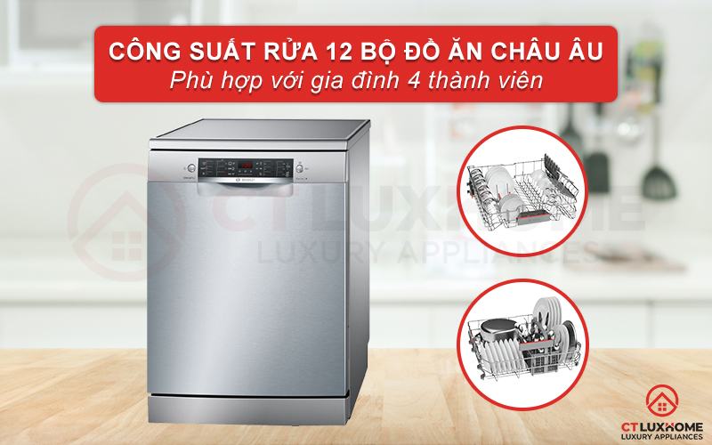 Máy rửa bát Bosch SMS46HI04E Serie 4 có thể rửa tối đa 12 bộ bát đĩa