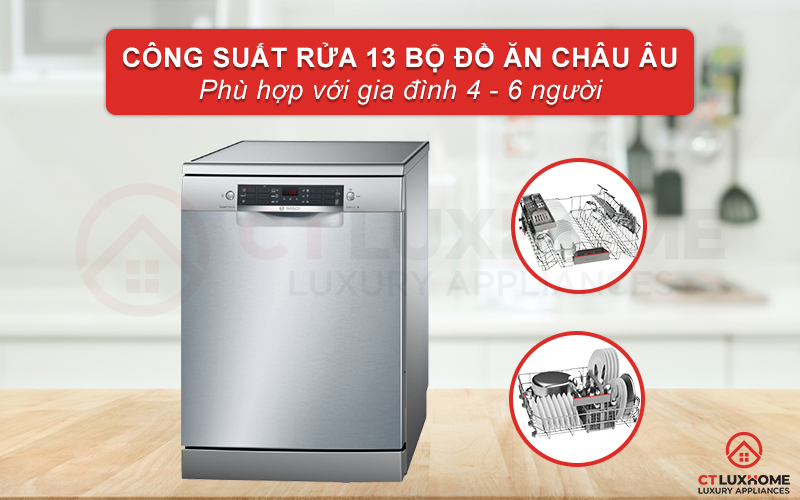Máy rửa chén Bosch SMS46II04E Serie 4 có thể rửa tối đa 13 bộ đồ ăn châu Âu