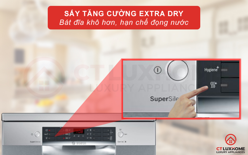 Tính năng sấy tăng cường ExtraDry giúp bát đĩa khô nhanh, hạn chế đọng nước