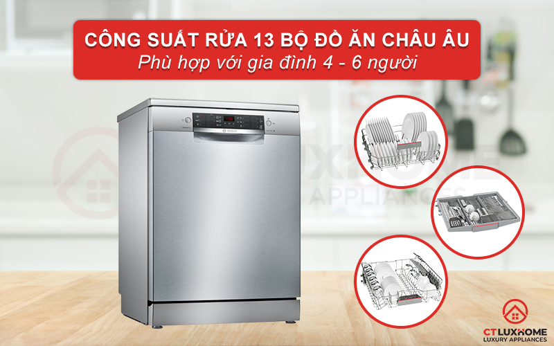 Máy rửa chén Bosch SMS46KI01E Serie 4 có thể rửa tối đa 13 bộ đồ ăn châu  u