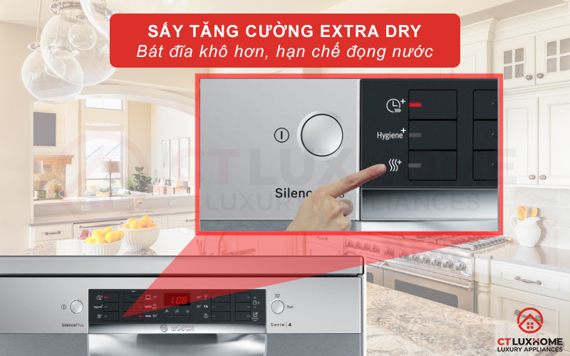 Tính năng sấy tăng cường ExtraDry giúp bát đĩa khô nhanh, hạn chế đọng nước