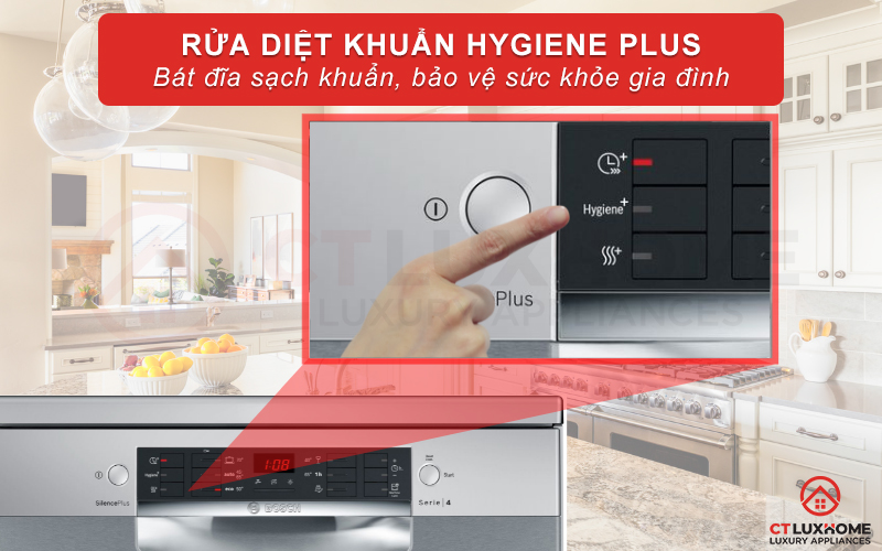 Chức năng Hygiene Plus trên máy rửa bát Bosch SMS46KI01E Serie 4 mang lại hiệu quả diệt khuẩn tối đa