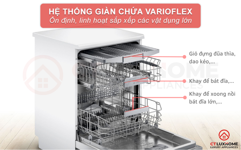 Hệ thống giàn rửa VarioFlex trong máy rửa bát Bosch SMS46KI01E Serie 4