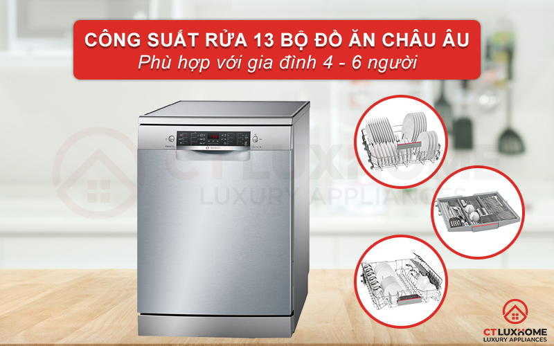 Máy rửa chén Bosch SMS46KI04E Serie 4 có thể rửa tối đa 13 bộ đồ ăn châu Âu