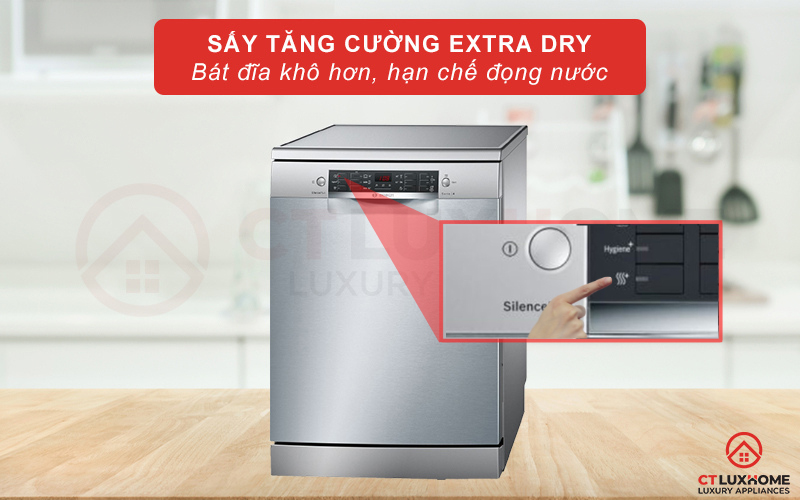 Tính năng sấy tăng cường ExtraDry giúp bát đĩa khô nhanh, hạn chế đọng nước