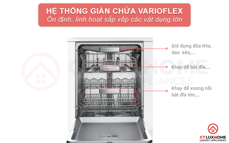 Hệ thống giỏ chứa VarioFlex giúp không gian bên trong máy rộng rãi hơn