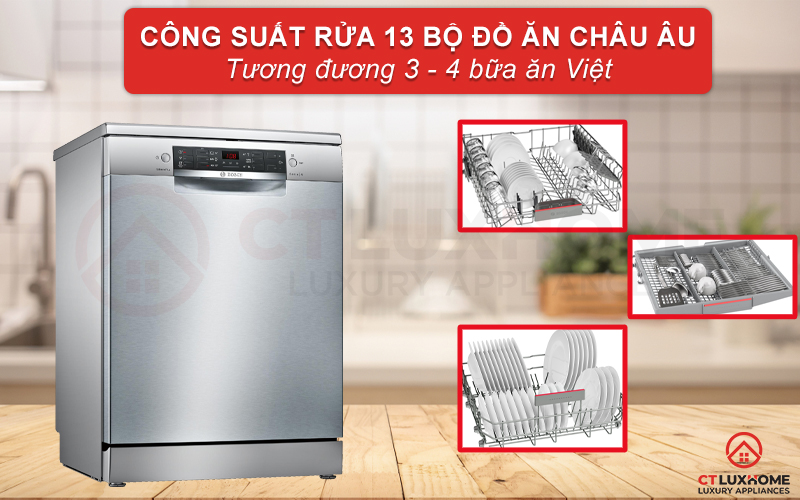 Máy rửa bát Bosch SMS46LI00E có công suất rửa tối đa đến 13 bộ đồ ăn châu Âu.