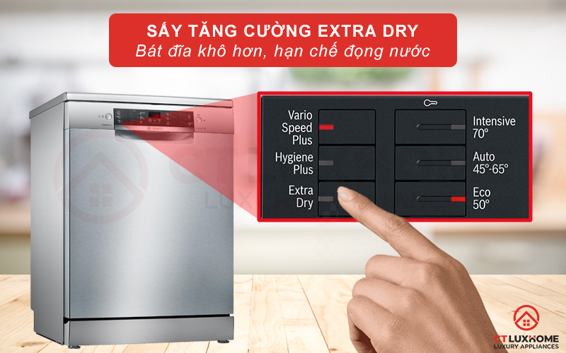 Sấy khô tăng cường Extra Dry giúp bát đĩa khô hơn, hạn chế đọng nước