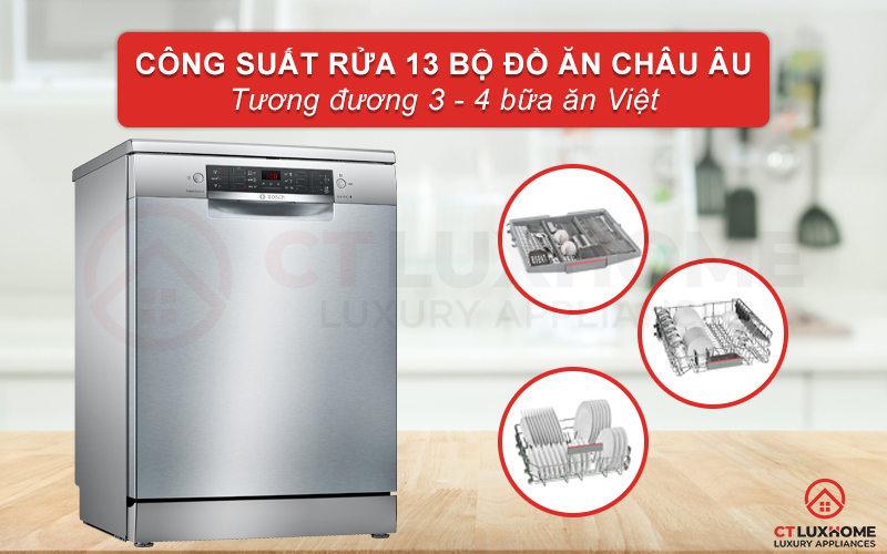 Máy có công suất rửa lên tới 13 bộ đồ ăn Châu  u - tương đương 3 - 4 bữa ăn của gia đình Việt
