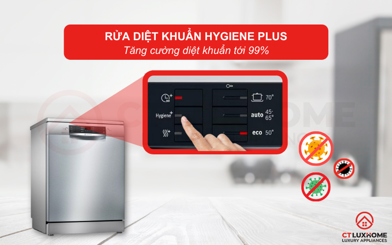 Chức năng Hygiene Plus giúp diệt tới 99,9% vi khuẩn ở bát đĩa và bảo vệ sức khoẻ của người dùng