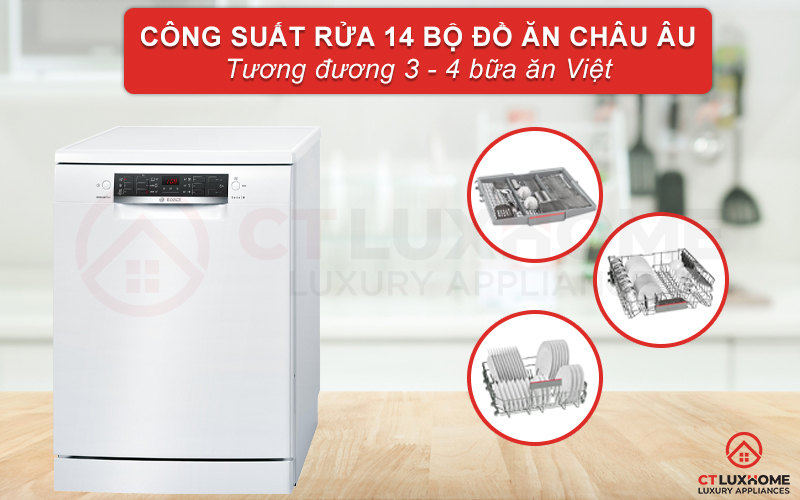 Dung tích chứa lớn, công suất rửa của máy rửa bát Bosch SMS46MW00E đạt đến 14 bộ