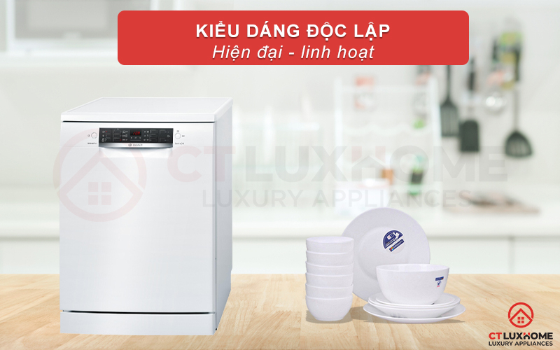 Máy rửa bát Bosch SMS46MW00E được thiết kế dáng đứng chắc chắn và linh hoạt