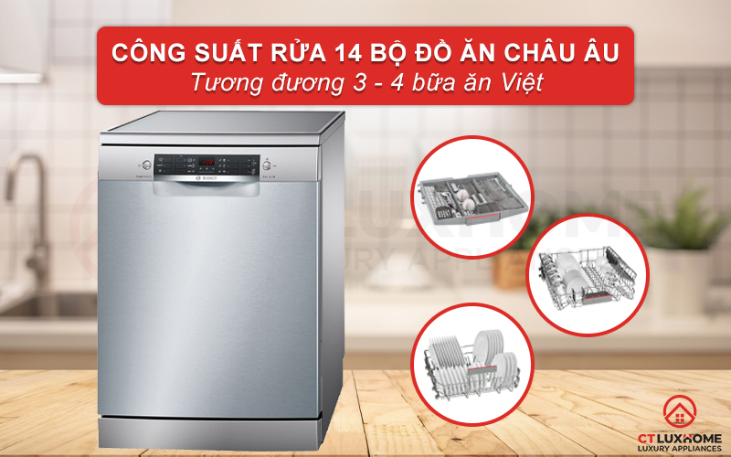 Dung tích chứa lớn, công suất rửa của máy rửa bát Bosch SMS46NI05E đạt tối đa 13 bộ đồ ăn Châu Âu