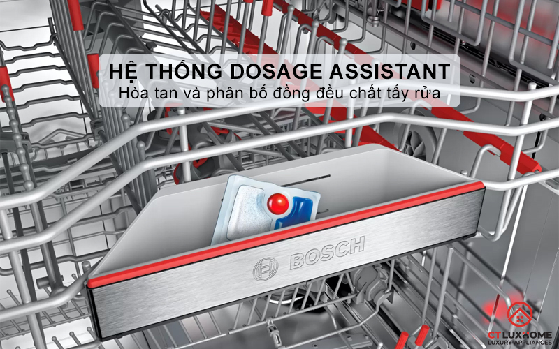 Hệ thống Dosage Assistant sẽ hòa tan viên rửa bát theo kiểm soát và phân bổ đồng đều khắp khoang rửa