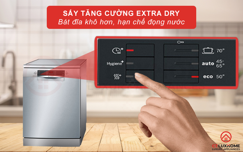 Sấy tăng cường Extra Dry giúp bát đĩa khô hơn