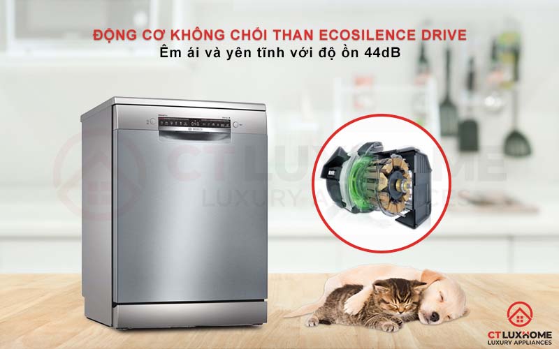Độ ồn của máy rửa chén Bosch SMS4ECI26E chỉ 44dB nhờ động cơ EcoSilence Drive.