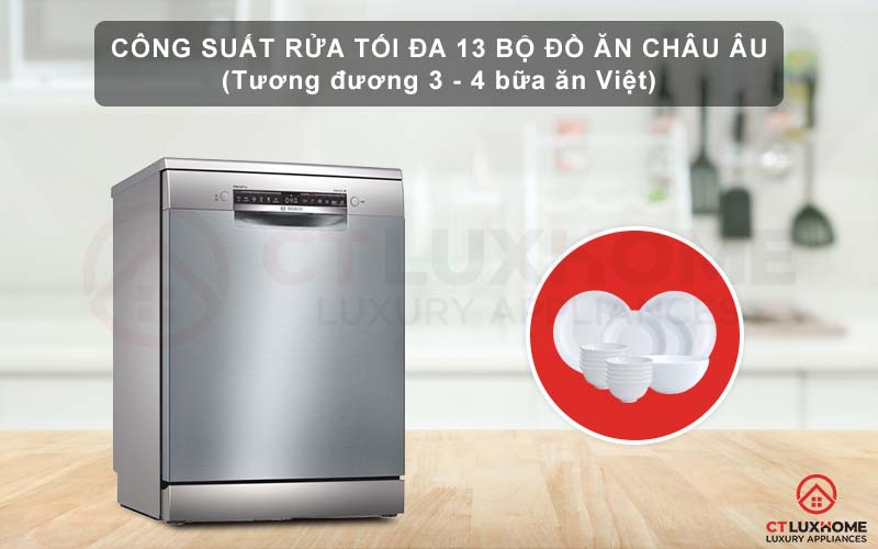 Công suất rửa tối đa của máy rửa chén độc lập Bosch SMS4ECI26E có thể đạt 13 bộ đồ ăn.