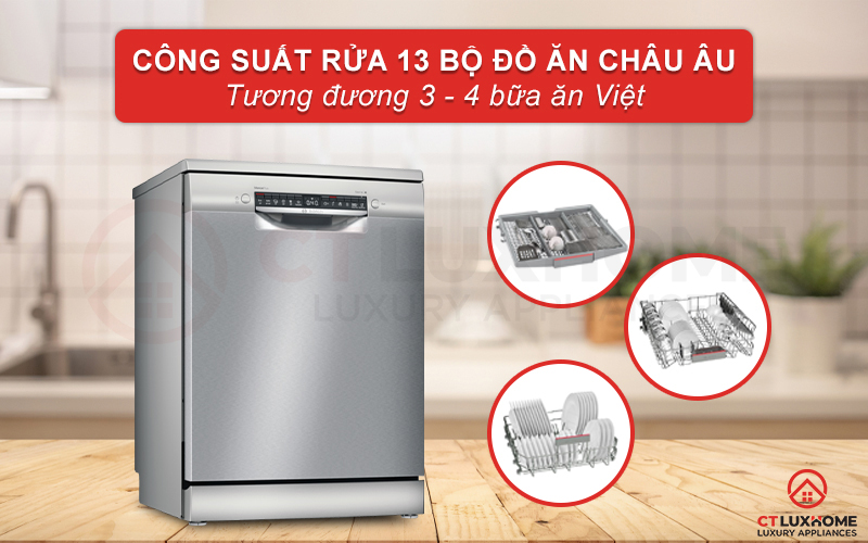 Máy rửa bát độc lập Bosch SMS4EVI14E có thể rửa tối đa 13 bộ đồ ăn châu Âu.