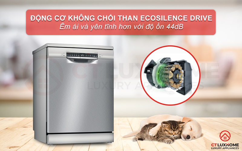 Độ ồn của máy rửa bát Bosch SMS4EVI14E ở mức 44dB nhờ động cơ EcoSilence Drive.