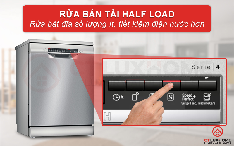 Kích hoạt rửa bán tải Half Load khi rửa bát đĩa số lượng ít.