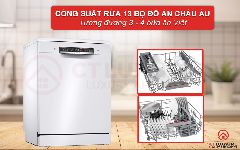 Dung tích chứa lớn, công suất rửa tối đa của máy rửa bát Bosch SMS4HAW48E 13 bộ