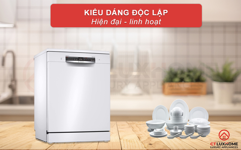 Máy rửa bát Bosch SMS4HAW48E thiết kế độc lập chắc chắn và linh hoạt, màu trắng sang trọng