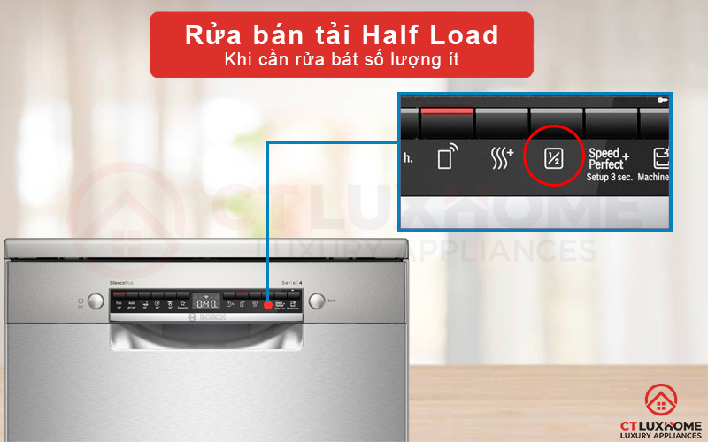 Chương trình rửa bán tải Half Load giúp rửa sạch bát đĩa với số lượng nhỏ