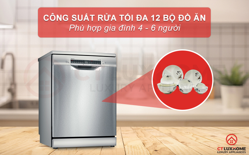 Máy rửa chén độc lập Bosch SMS4IVI01P có thể rửa tối đa 12 bộ đồ ăn.