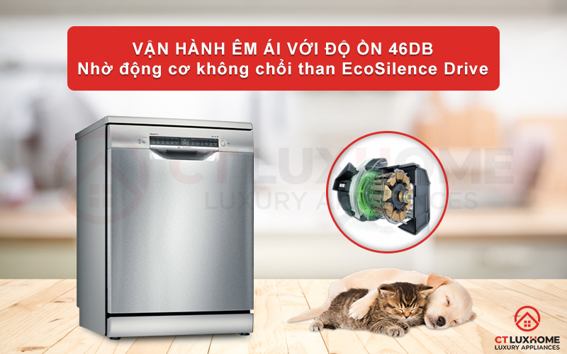 Độ ồn của máy rửa chén Bosch SMS4IVI01P ở mức 46dB nhờ động cơ EcoSilence Drive.