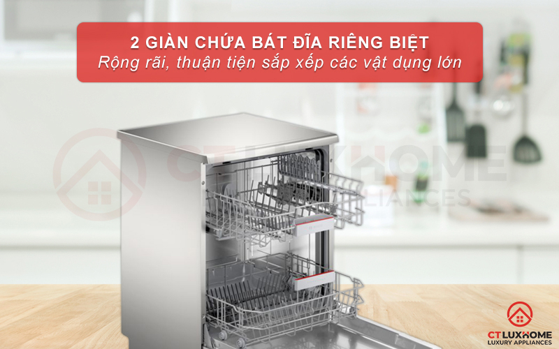 Hệ thống 2 giàn rửa rộng rãi, thuận tiện sắp xếp vật dụng lớn.
