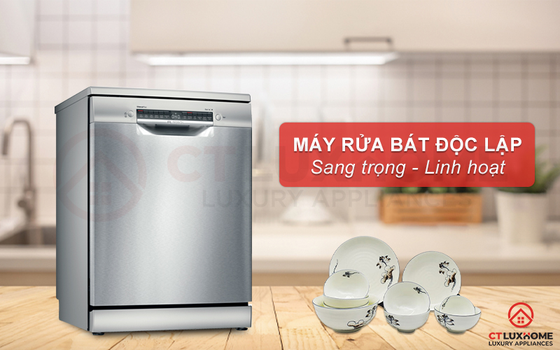 Kiểu dáng độc lập giúp máy rửa bát Bosch SMS4IVI01P linh hoạt trong việc di chuyển.