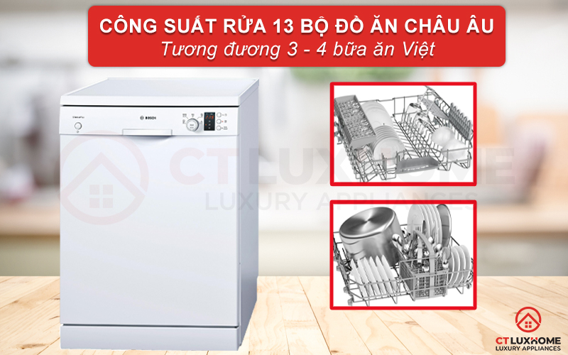 Dung tích chứa lớn, công suất rửa tối đa của máy rửa chén Bosch SMS50E82EU là 13 bộ