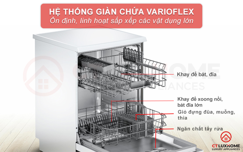 Hệ thống giỏ chứa VarioFlex rộng rãi, sắp xếp dễ dàng vào từng ngăn chứa