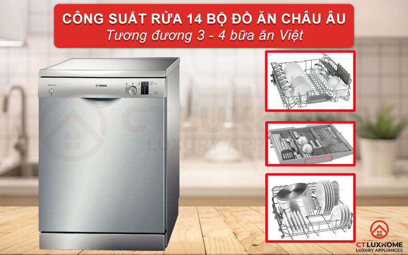 Dung tích chứa lớn, công suất rửa của máy rửa bát Bosch SMS57E28EU có thể đạt tối đa 14 bộ