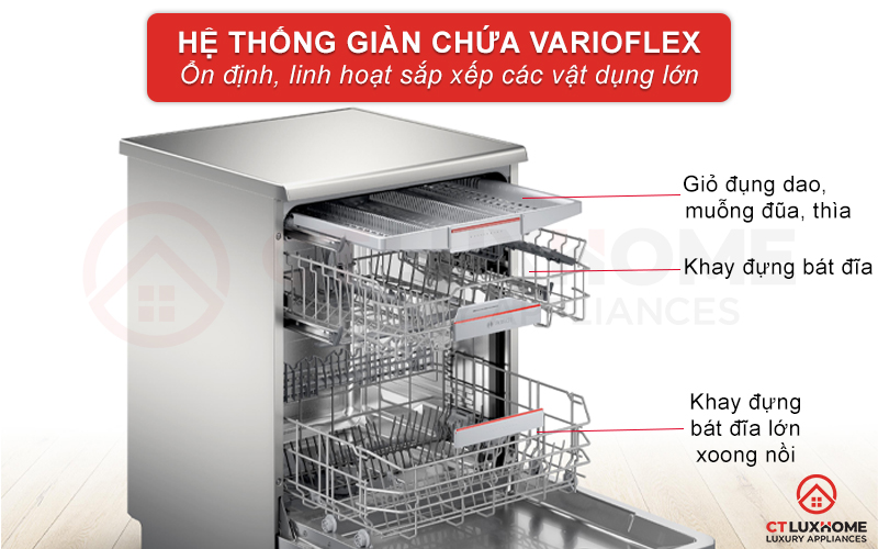 Hệ thống giàn rửa VarioFlex rộng rãi, dễ dàng sắp xếp các vật dụng vào khoang chứa