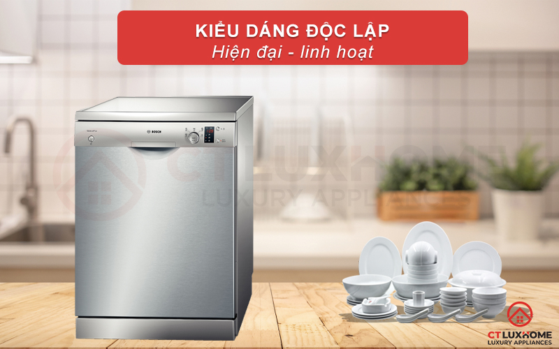Máy rửa bát Bosch SMS57E28EU được thiết kế với kiểu dáng đứng độc lập linh hoạt và chắc chắn