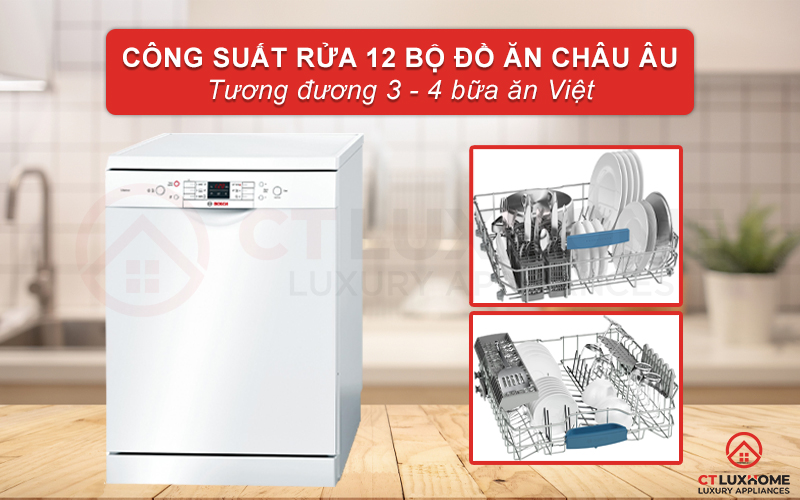 Công suất rửa của máy rửa bát Bosch SMS63L02EA lên tới 12 bộ đồ ăn