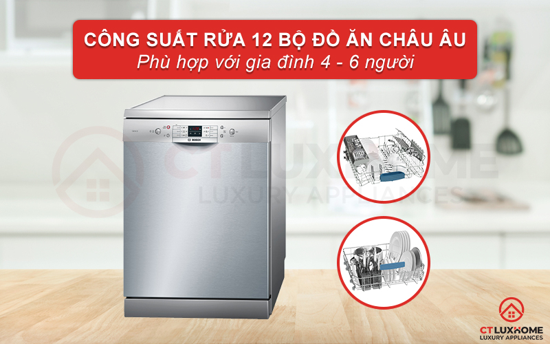 Máy rửa chén Bosch SMS63L08EA có thể rửa tối đa 12 bộ đồ ăn châu Âu