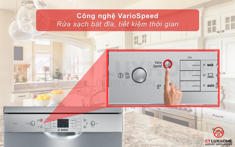 Tính năng VarioSpeed giúp tăng tốc và tối ưu thời gian rửa bát
