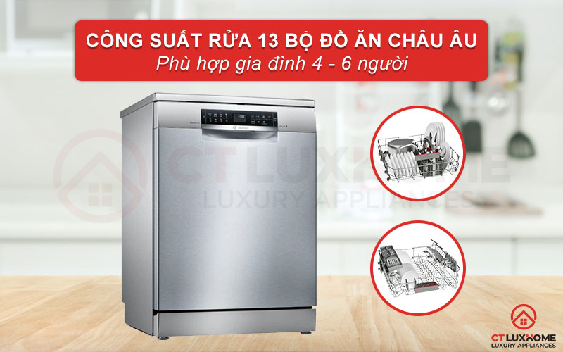 Máy rửa chén Bosch SMS68II07E Serie 6 có thể rửa tối đa 13 bộ đồ ăn châu Âu