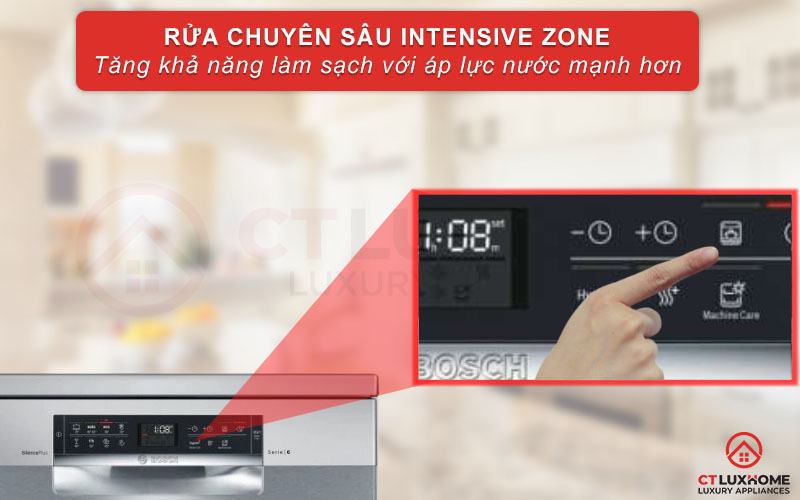 Tính năng Intensive Zone tăng áp lực rửa giàn dưới cùng của máy rửa bát Bosch  SMS68II07E Serie 6