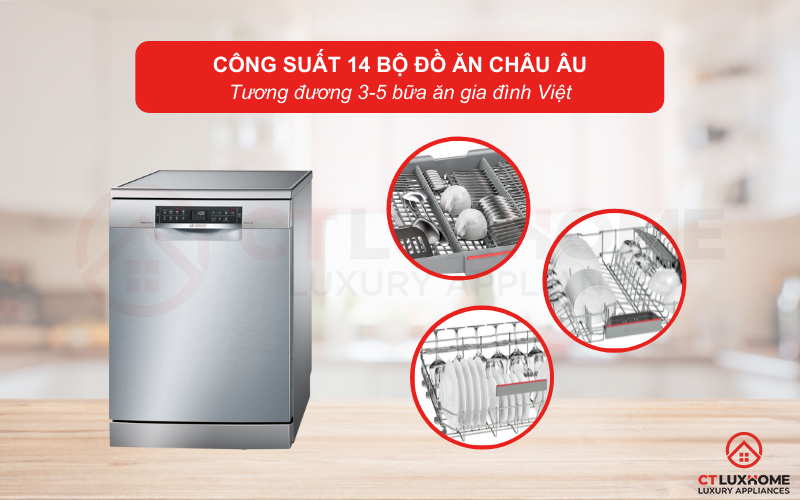 Công suất rửa của máy rửa bát Bosch SMS68MI04E Serie 6 có thể đạt tối đa 14 bộ đồ ăn