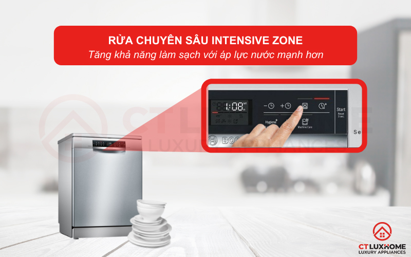  IntensiveZone là tính năng đặc biệt của Máy rửa bát Bosch SMS68MI04E, giúp rửa sạch đồ dùng nhiều cặn bẩn ở giàn dưới cùng.